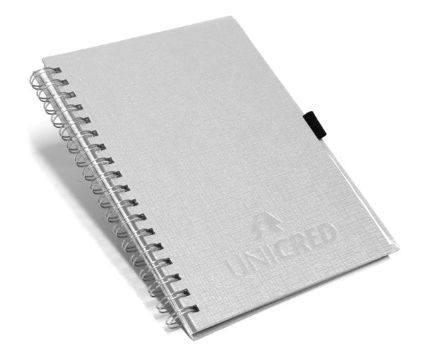 Cadernos Personalizados linho prata com suporte para caneta 17x24 cm